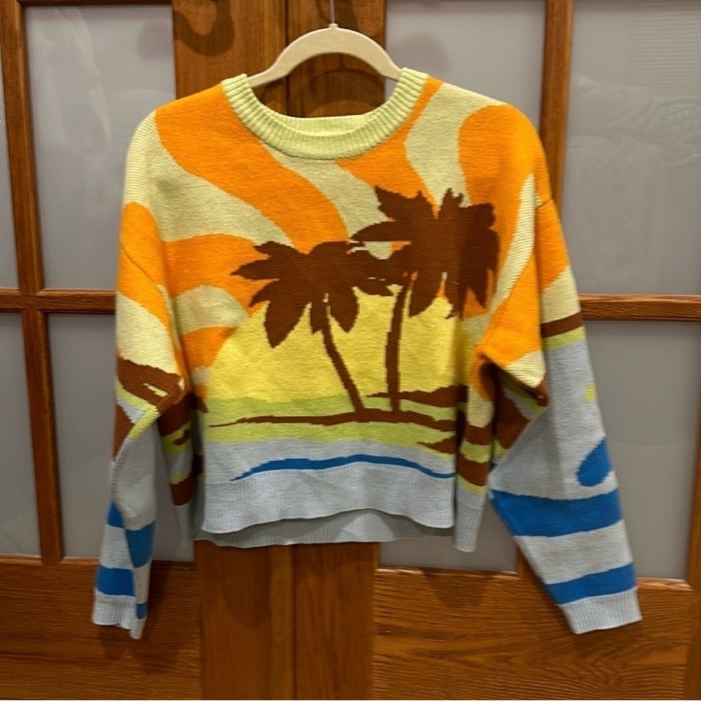 PacSun Tropical Sunset Multicolor Allover Graphic Crewneck Crop Sweater-… - Picture 7 of 16
